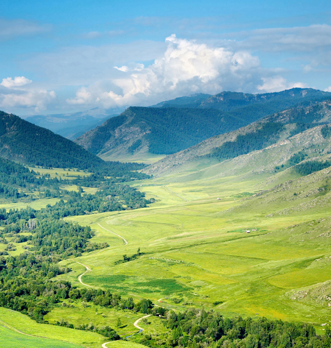 A vast beautiful green valley with low forest covered mountains surrounding it.